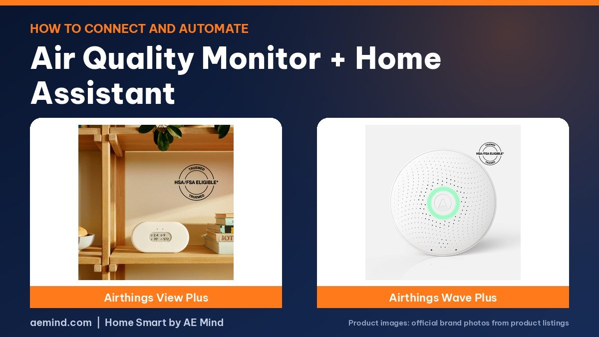 Airthings View Plus and Wave Plus air quality monitors for Home Assistant on a navy and orange background