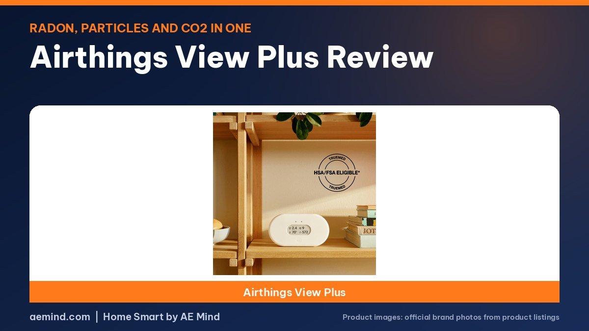 Airthings View Plus air quality monitor on a navy and orange background