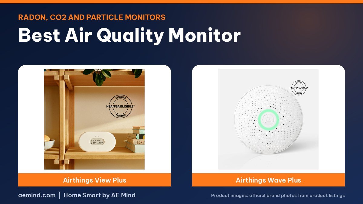 Airthings View Plus and Wave Plus air quality monitors on a navy and orange background