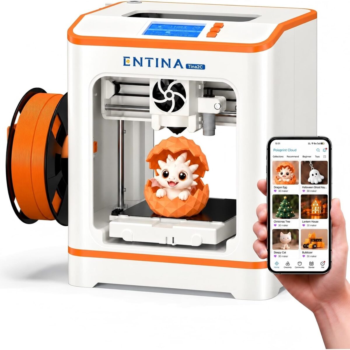 Entina Tina2C mini 3D printer with an orange filament spool and the Poloprint Cloud app on a phone