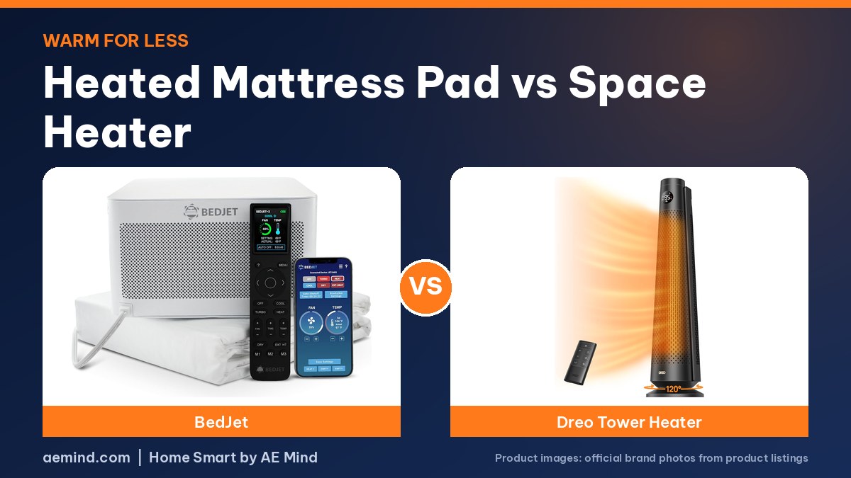 Heated mattress pad vs space heater: BedJet and Dreo official product photos