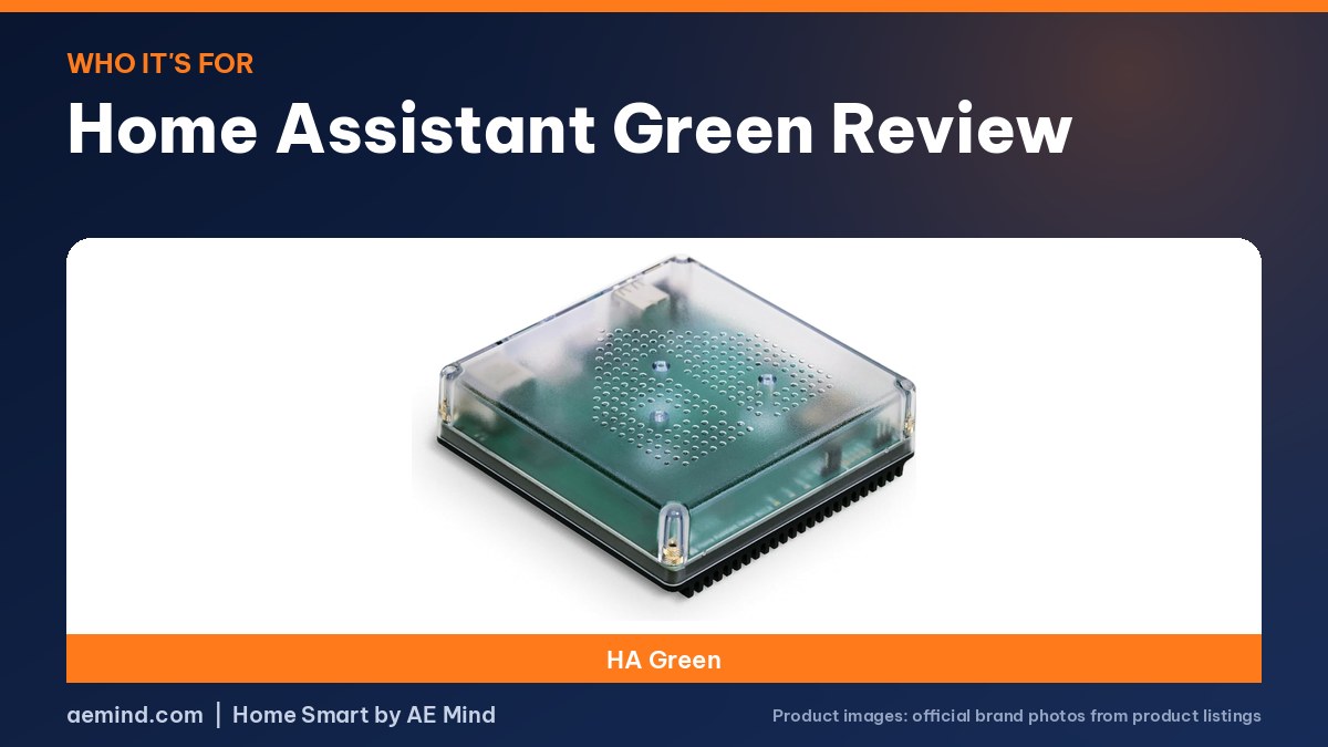 Home Assistant Green Review: official product photo on a navy and orange background