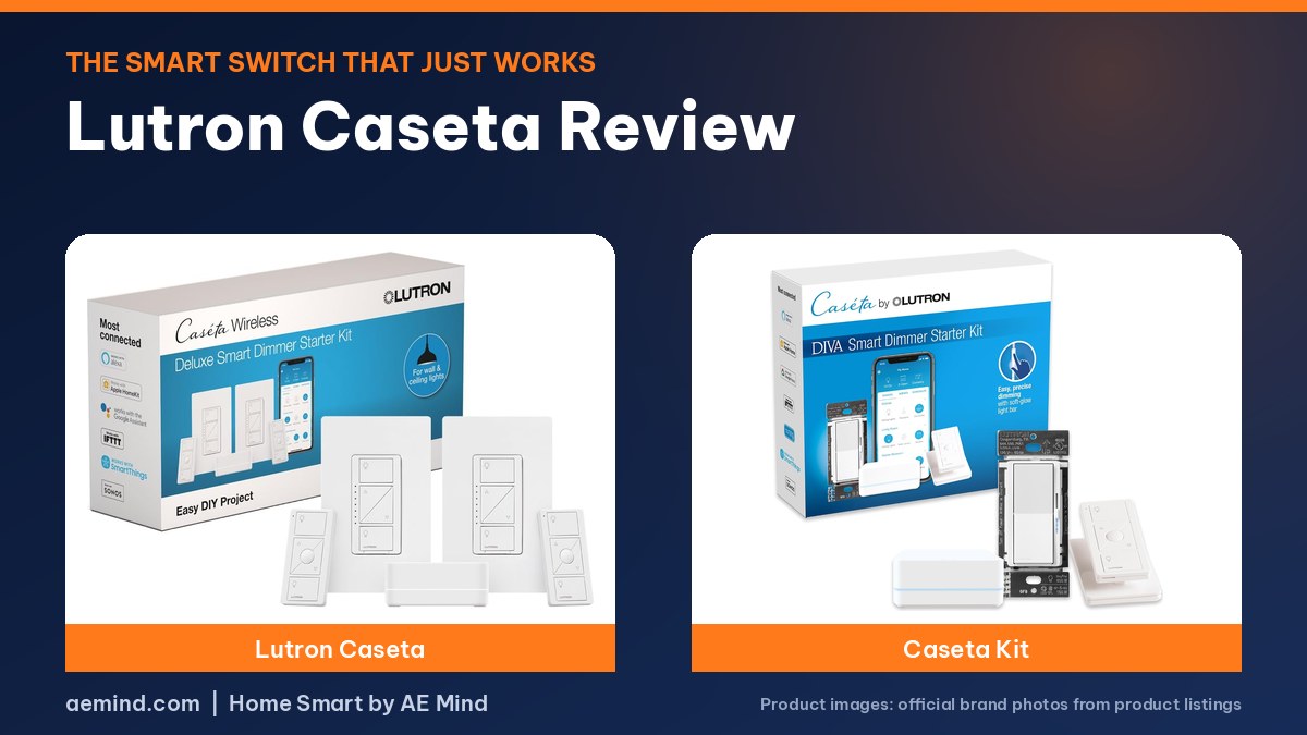 Lutron Caseta Review: official product photos on a navy and orange background