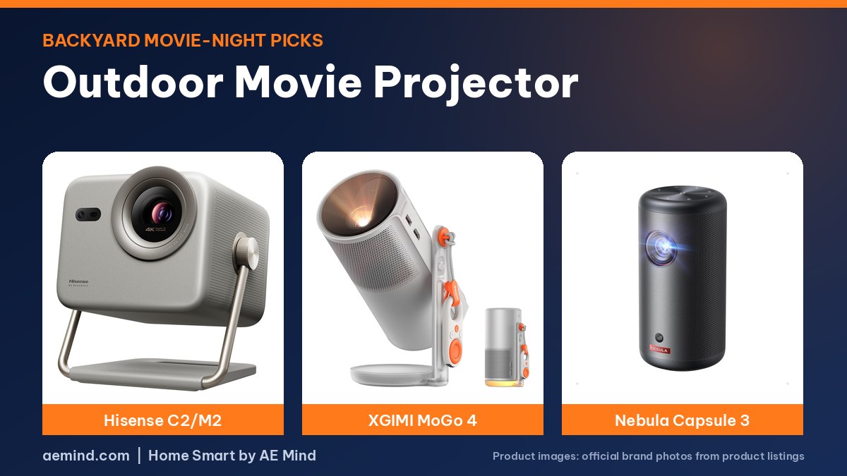Outdoor Movie Projector: official product photos on a navy and orange background