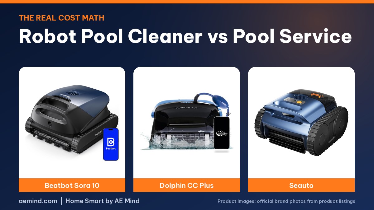 Robot Pool Cleaner vs Pool Service: official product photos on a navy and orange background