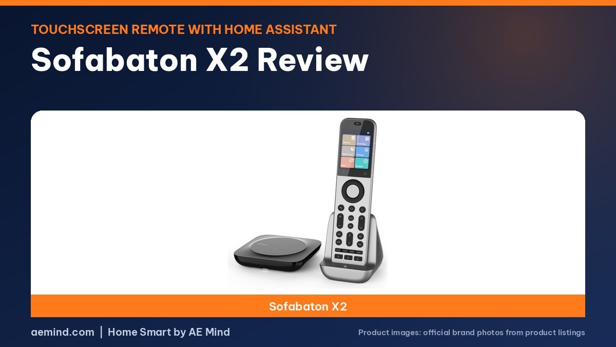 Sofabaton X2 universal remote and hub on a navy and orange background