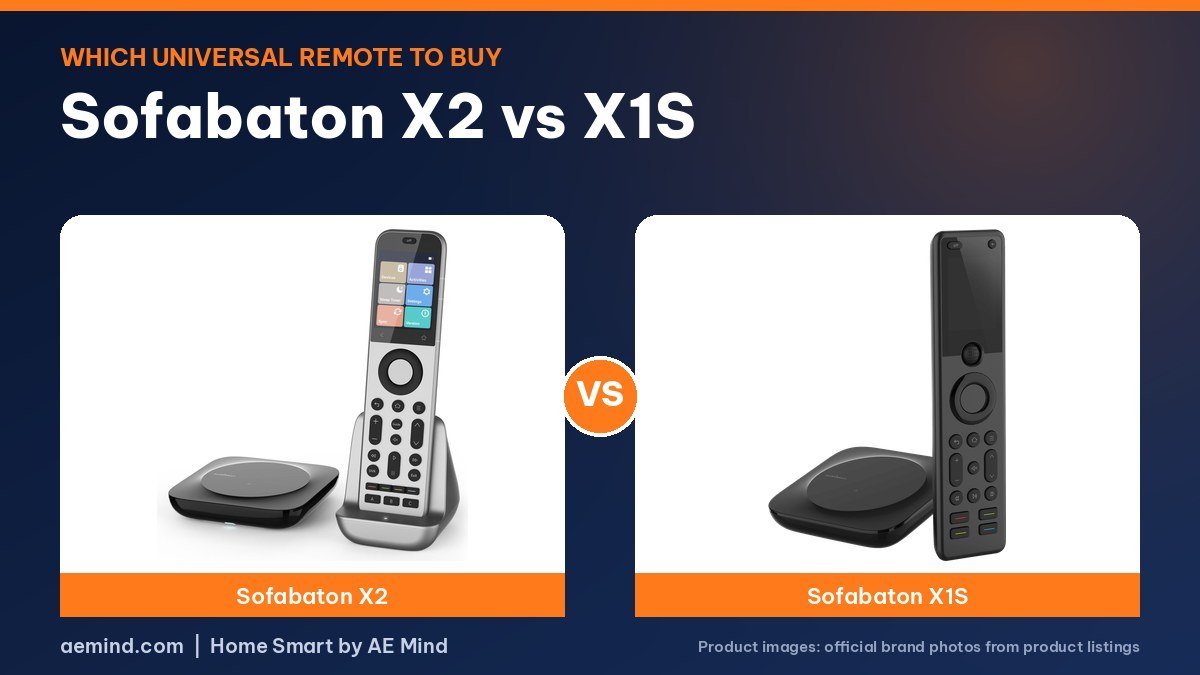 Sofabaton X2 versus Sofabaton X1S universal remotes on a navy and orange background