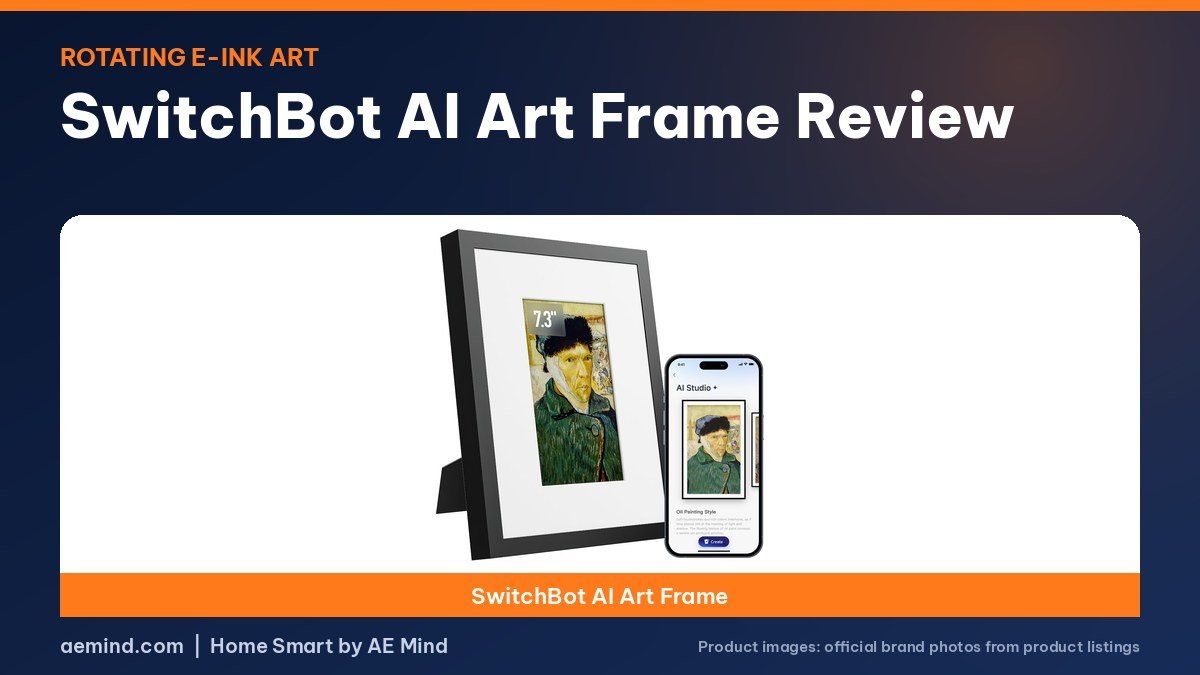 SwitchBot AI Art Frame e-ink frame on a navy and orange background
