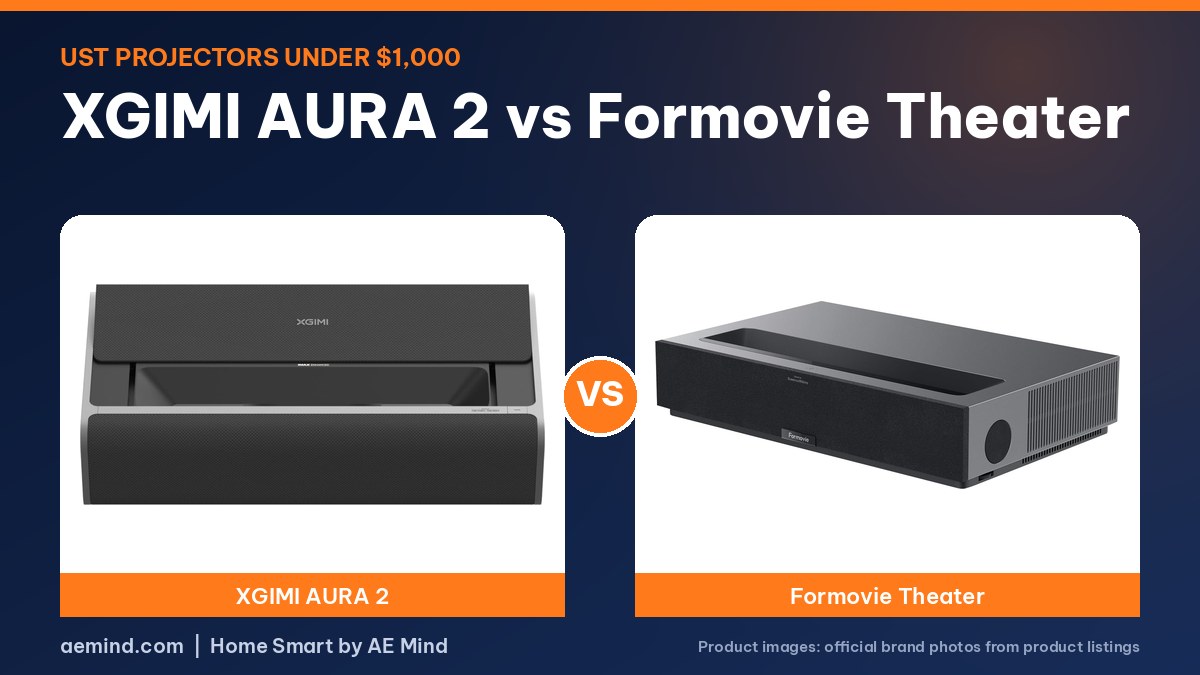 XGIMI AURA 2 vs Formovie Theater: official product photos on a navy and orange background