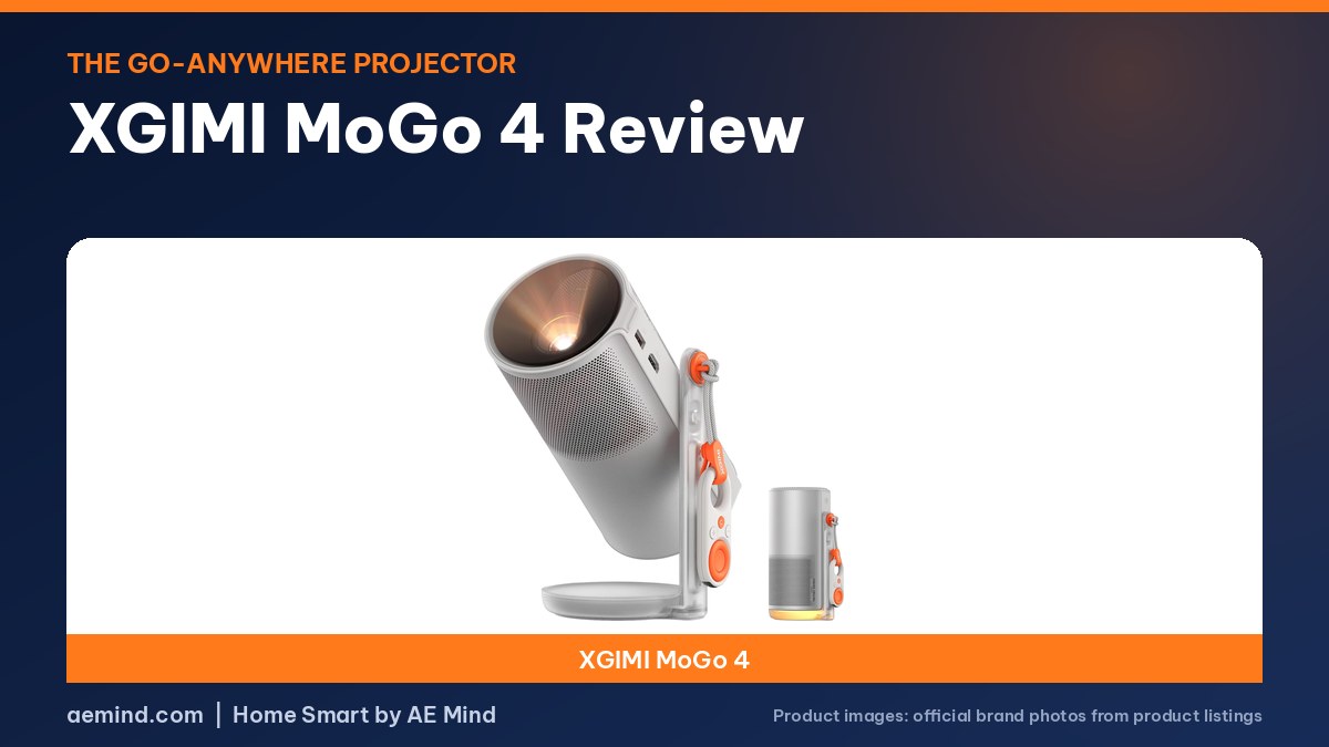 XGIMI MoGo 4 Review: official product photo on a navy and orange background